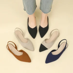 Customized Logo Women’s Fly Knit Breathable Flat Comfort Pointed Toe Flats Walking Style Summer Shoes Slip-On Sandals