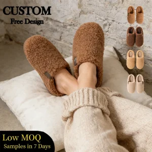 Customized Logo Women’s Teddy Fleece Mule Plush Home Slippers with Custom Woven Label for Indoor Home Wear