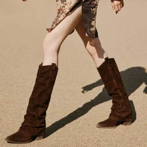 Customized Luxury Comfortable Western Cowboy Knight Boots Women’s Vintage Suede Thick Heel Black Winter Knee-High Trouser Boots