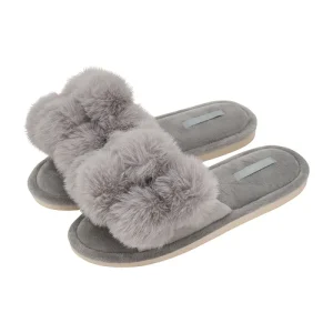 Customized Luxury Pom Pom Furry Open Toe Women’s Slippers Light Weight With Memory Foam and Anti-slip TPR Sole