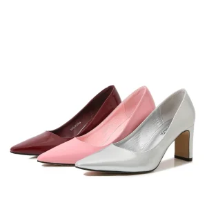 Customized New Women’s Low Cut Work Office Shoes Smooth Leather Chunky Heel Solid Color Shallow Mouth PU Slip On High Heels 7cm