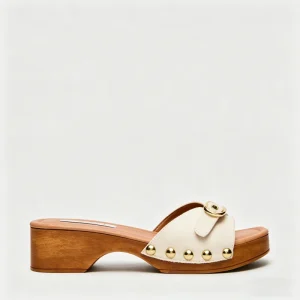 Customized Shoe Manufacturer Women’s Wooden Clog Heel Slide Sandals Gold Buckle Studs Comfortable Slip On Wedge Mules for Summer