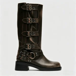 Customized Woman Shoes Vintage Distressed Biker Boots Women’s Buckle Strap Mid-Calf Motorcycle Boots Chunky Heel Boots