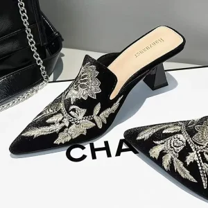 Customized Women’s High Heels Slippers Mules Shallow Round Toe Heeled Fashion Loafers PU Upper Rubber Outsole Slip-On Summer
