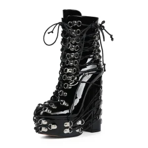 Customized Women’s Metal Buckles Ankle Boots Wide Fit High Chunky Heels Platform Shoes Patent Cross Lace Short Booties