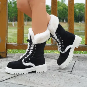 Customized Women’s Mid Calf Boots Retro Thick Soled Warm Winter Riding Boots with Plush Lining and Lace Up Design Shoes