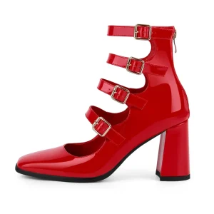 Customized Women’s Patent Leather Mary Jane Pumps Multi Buckle Strap Block Heel Ankle Boots