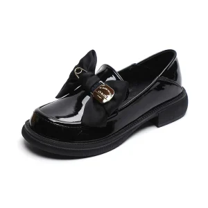 Customized Women’s Shoes with Bow Knot Metal Decoration Thick Soled Flat Sole Leather Shoes