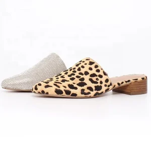 Customized Women’s Suede Pointed Toe Square Heel Mule Sandal Slip-on Beach Shoes Featuring Leopard Print and Rhinestone Design
