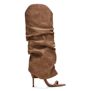 Customized logo Brown Pleated Elegant Women’s Round Open Toe High-heeled Boots Summer Style