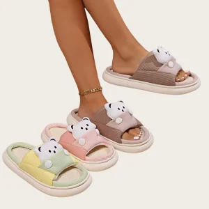 Cute Bear Summer Slipper Cartoon Women’s Animals Non Slip Linen Slippers Cuddly Slippers