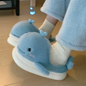 Cute Blue Whale Warm Plush Slippers for Women’s Winter Indoor Home Anti Slip Soft Bottom Slippers