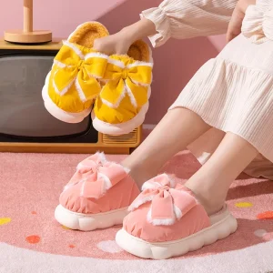 Cute Bow Furry Soft Anti-slip Women’s Warm Thick Soled Indoor Home Wear Postpartum Care Autumn Winter Solid Color for