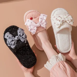 Cute Bow Starry Sky Plush Warm Slippers for Women’s Autumn and Winter Indoor Home Anti Slip Cotton Slippers