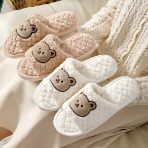 Cute Cartoon Bear Animals Soft Fluffy Winter Thickened Warm Cotton Shoes Women’s Home Hotel Indoor Plush Slippers