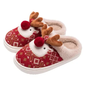 Cute Christmas Gift Reindeer Cotton Women’s Warm Fuzzy Slippers with Foam Midsole TPR Outsole for Autumn Winter