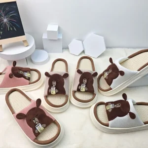 Cute Linen Slippers Women’s Four Seasons Home Room Thick Bottom Spring Autumn Sandal Animal Bear Slipper