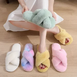 Cute Plush EVA Outsole Round Toe Women’s Slides Soft Fuzzy Winter Warm for Hotel Use Pastel Color Comfortable