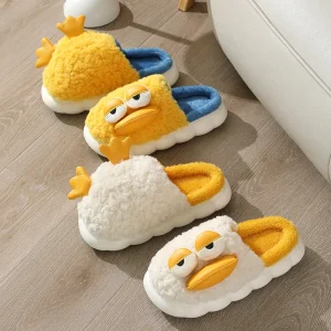 Cute Slippers Cartoon Yellow Duck Women’s Soft Slippers in Winter Girls Warm Thick Bottom Plush Kid Slippers