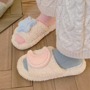Cute Star Moon Plush Warm Slippers for Women’s Autumn and Winter Indoor Home Anti-slip Soft Bottom Slippers
