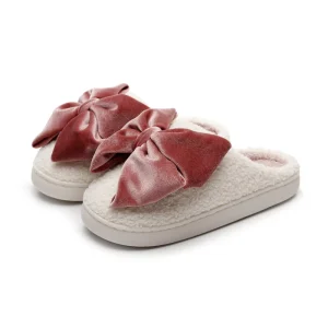 Cute Velvet Bow Warm Slippers for Women’s Autumn and Winter Indoor Home Anti-slip Soft Bottom Slippers