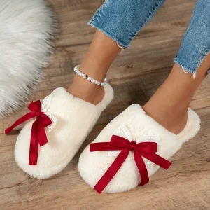 Cute warm comfortable flat soled versatile non slip women’s slippers new fashion bow tie closed toe furry slippers