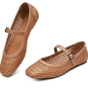 DZ-Y0 China Shoe Women Shoe Mary Jane Ballet Flats Women’s Breathable Woven Mesh Squared Toe Brown Shoes