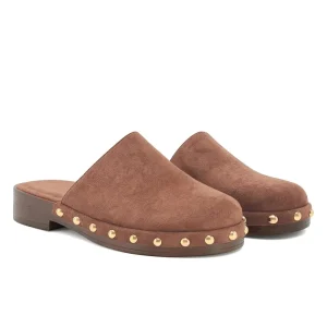 Dark Brown Studded Platform Mules for Women Closed Round Toe Faux Suede Clogs Slip on Backless Flat Mules