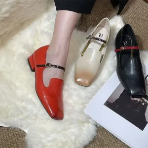 Dark Green PU Mary Jane Heels Loafers Women Square Toe Mixed Color Block Heel Office Pumps
