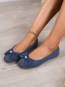 Denim Bow Pearl Ballet Flats Ladies Soft Flat Slip-On Shoes Round Toe