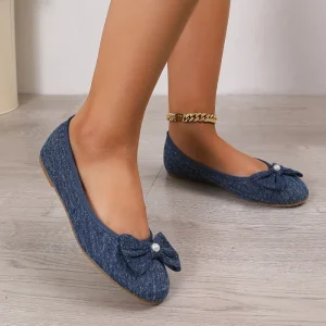 Denim Bow Pearl Flat Shoes Women Soft Sole Slip on Ballet Flats Daily Casual Walking Ladies Round Toe Comfort Loafers
