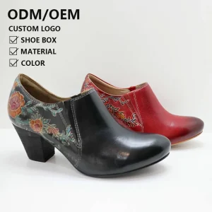 Designer Chunky Heel Silp on Women Heeled Shoes Hand Painted Retro Elegant Casual Office Dress Women’s Leather Shoes