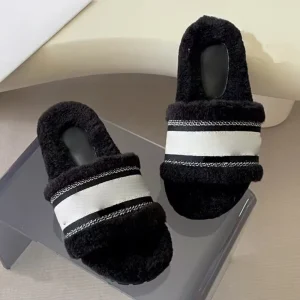 Designer Embroidered Geometry Band Women’s Shearling Slides Cozy Winter Indoor Outdoor Fluffy Fashion Trend Footwear