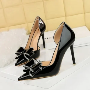 Designer Fashion Black Women’s Thin Heels Autumn Wedding Pointed Toe Bow Bridal Super High Breathable Shoes