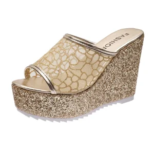 Designer Lady Sandals New Trendy Wedge Heel Women’s Slippers Peep Mesh V shaped High Heel Shoes