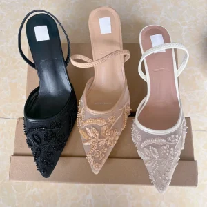 Designer Pointy Heeled Sandals for Women Summer Luxurious Wedding Mesh String Beads Closed Toe Women’s Shoes