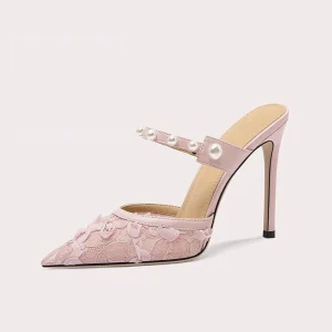 Designer Pointy Heeled Sandals for Women Summer Wedding Mesh String Beads Closed Toe Women’s Shoes