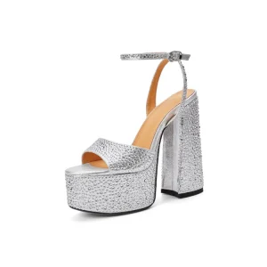 Designer Women’s Ankle Strap Party Heels with Glittery Thick Soles 14.5cm Black Silver Chunky Heels Sexy Summer Shoes