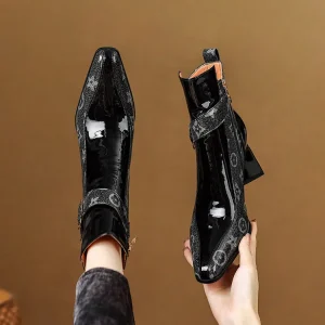 Designer style new women’s boots with thick heels and side zippers color block printed ankle boots for women
