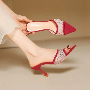Diamond Studded Fine Pointed Toe Exposed Office Daily Dating Women’s High Heel Sandal
