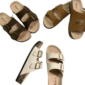 Double Buckle Strap Floral Style Mules with Cork Slides