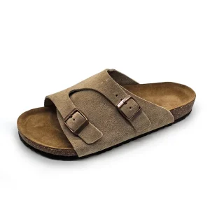 Drop Shipping Casual Outdoor Cork Slip on Suede Leather Soft Comfort Arch Support Fashion Flip Flops Women’s Men