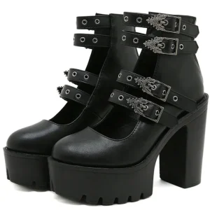 Dropshipping Custom Logo Fall New Black Gothy Style Block Heels Boots Women Shoes Metal Buckle Belt Chunky Platform Boots