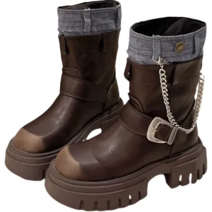 Dropshipping Custom Logo Fashion Chunky Platform Knight Boots Women Shoes Mid-calf Denim Metal Chain Designer Boots