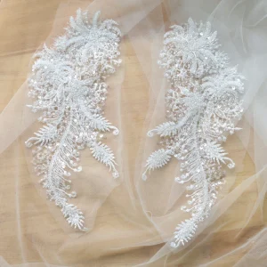 ERKOUMI White Beaded Embroidered Lace Applique Guipure Lace Trim Bridal Lace Fabric for Gown Dress Patch