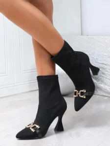 Elastic Suede Sock Ankle Boots Point Toe Gold Buckle Sculptural High Heel Women Fashion Dress Short Boots