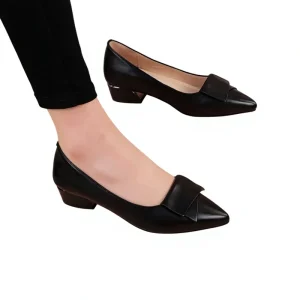 Elegant Autumn Women’s Bow Accent Slip On Low Heel Shoes Soft PU Upper Block Heel Formal Work Pumps for Daily Wear