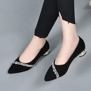 Elegant Black PU Women’s Pumps Pointed Toe Low Block Heel Office Work Shoes Comfortable Rhinestone Dress Shoes