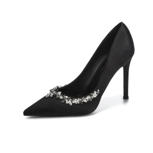 Elegant Black Silk Style Thin Heels Slip-On Comfort Women’s Formal Shoes with Rhinestone Decoration for Summer Weddings
