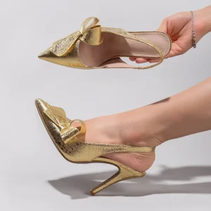 Elegant Bowknot Slingback Sandals Women Office Shoes Pointed Toe Stiletto Heels for Wedding Party